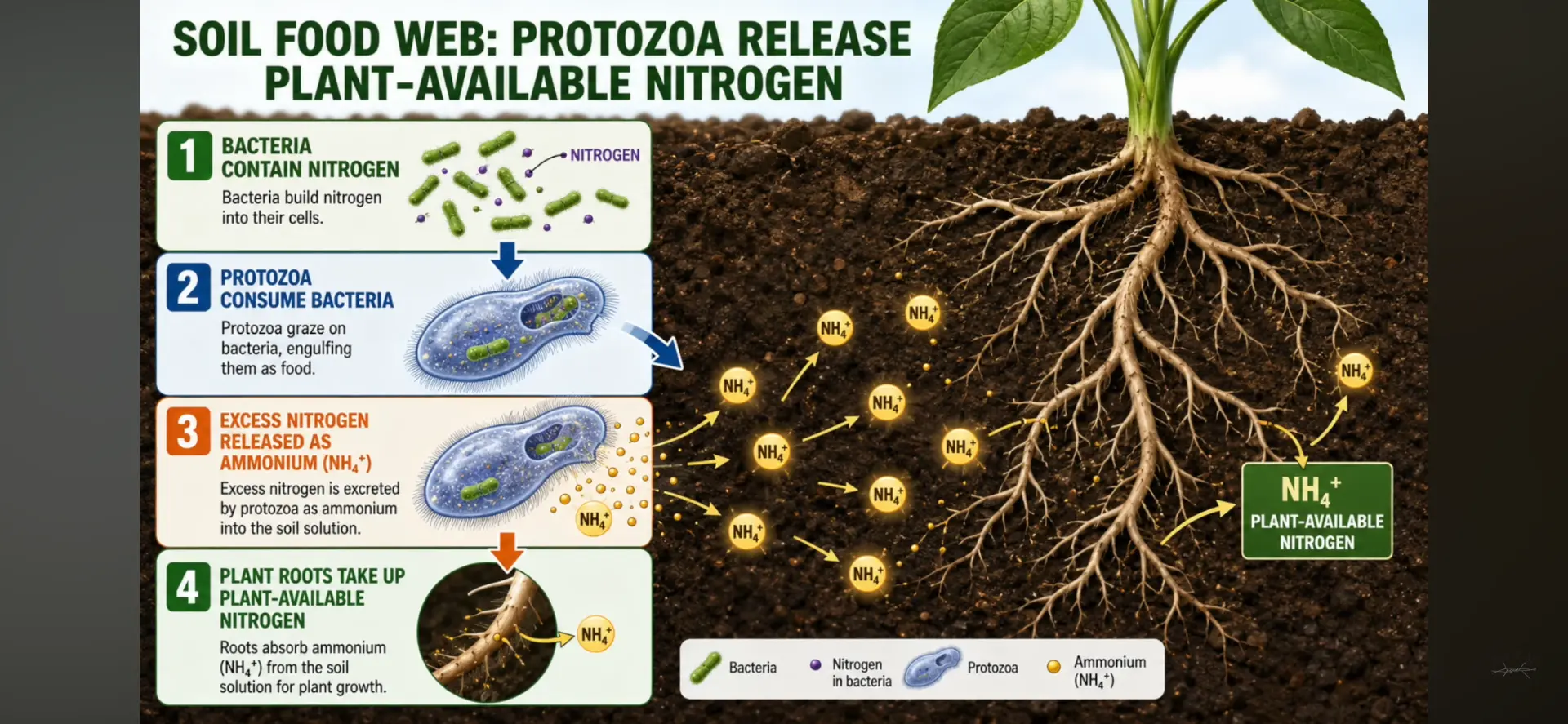 Diagram of the soil food web showing how protozoa release plant-available nitrogen: bacteria contain nitrogen, protozoa consume bacteria, excess nitrogen is released as ammonium (NH4+), and plant roots absorb it.