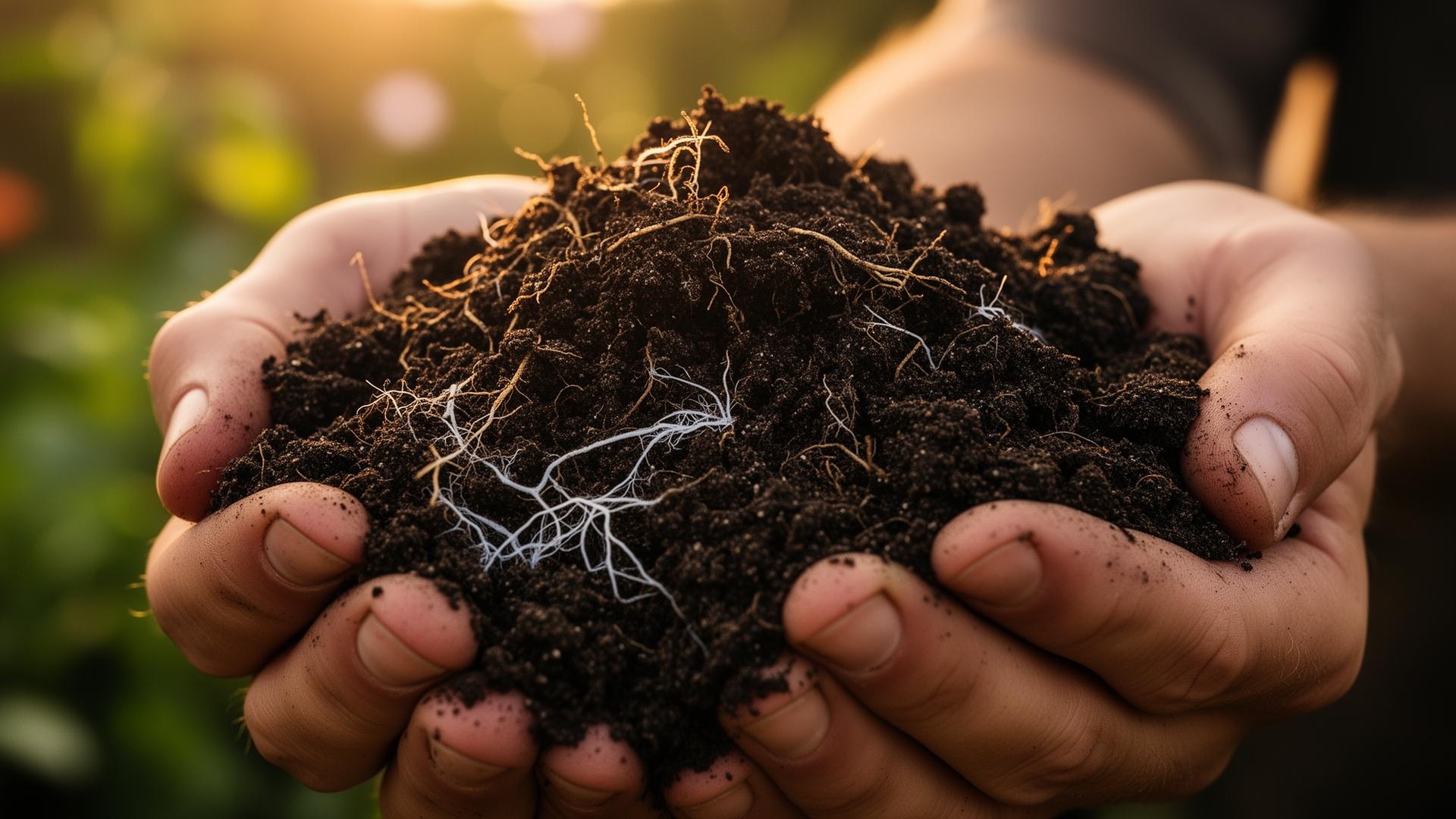 Hands holding rich, living compost with visible mycelium and root hairs